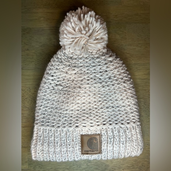 Carhartt Rib Knit Sherpa Lined  Pom Pom Beanie Hat‎ NWT Color Pink Salt D70 - Picture 2 of 5